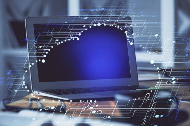 Bilgisayarın arka plan ve teknoloji temalı çizimlerine çoklu maruz kalma. Yenilik kavramı.