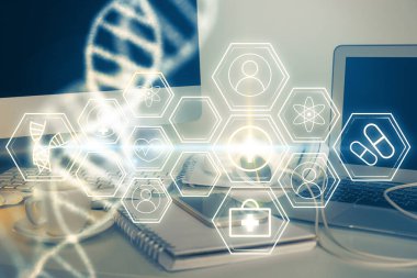 Masaüstü bilgisayar arkaplanı ve DNA çizimi. Çifte maruziyet. Bilim konsepti.