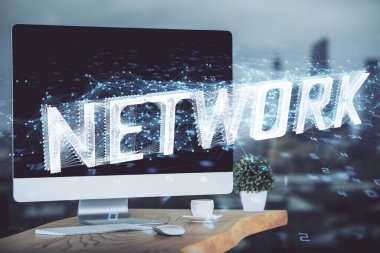 Teknoloji temalı çizim ve bilgisayarlı masa. Çoklu maruz kalma. Bilgi kavramı.