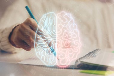 Arka planda beyin hologramıyla el yazısına çok maruz kalmış. Kendi kendine öğrenme kavramı.