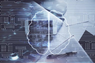 Çalışma masasının üstünde beyin çizimine iki kez maruz kalma. Üst Manzara. Küresel veri analiz kavramı.