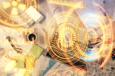 Kadın ve erkeğin birlikte çalışması ve teknoloji temalı çizimler. Bilgisayar arkaplanı. Üst Manzara. Yüksek teknoloji konsepti.