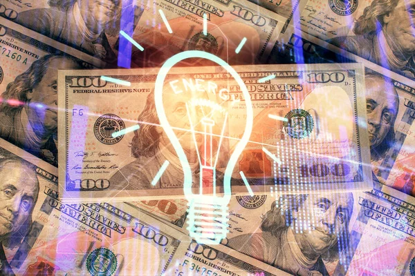 Dubbel exponering av glödlampa ritning över usa dollar sedel bakgrund. Begreppet idé. — Stockfoto