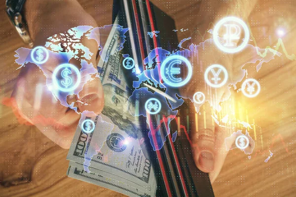 Multi blootstelling van forex grafiek tekenen hologram en Amerikaanse dollars biljetten en man handen. Technisch analyseconcept. — Stockfoto