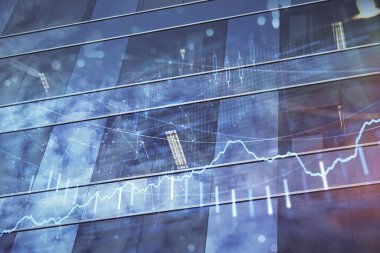 Yüksek binaların arka planında çoklu pozlama olan eski şehir haritası. Finansal araştırma kavramı.