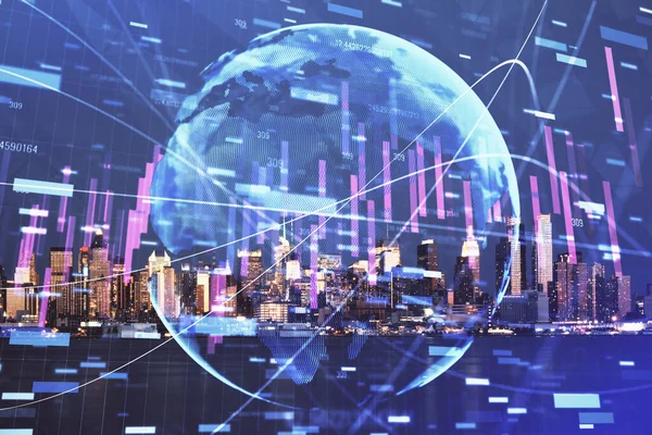 Gráfico financiero sobre paisaje nocturno de la ciudad con altos edificios de doble exposición de fondo. Concepto de análisis . —  Fotos de Stock