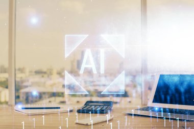 Masaüstü bilgisayarı ve teknoloji temalı holograma çift pozlama. Yazılım geliştirme kavramı.