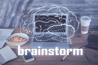 Ofisteki masaüstü bilgisayar arkaplanı ve tema hologram çizimini başlat. Çifte maruziyet. Başlangıç konsepti.