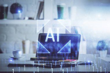 Teknoloji temalı çizim ve bilgisayarla çalışma alanı. Çifte maruziyet. Yenilik kavramı.