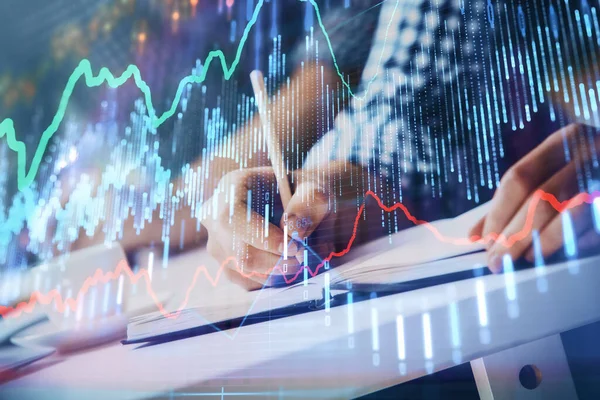 Multi-Exposition von zwei Männern, die Investitionen mit dem Börsenforex-Chart planen. — Stockfoto
