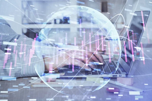 Double exposure of stock market graph with man working on laptop on background. Concept of financial analysis. — Stock Photo, Image