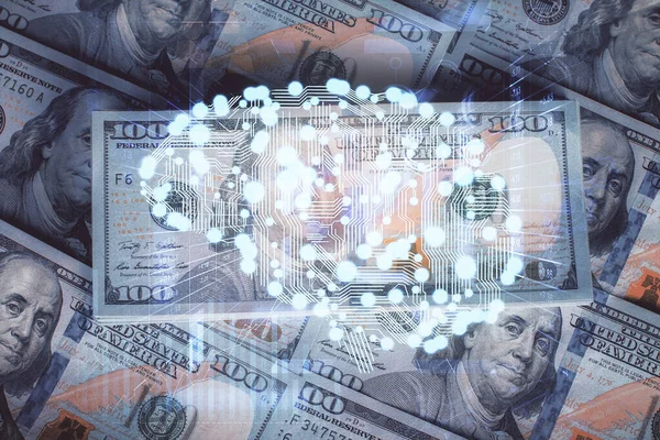 Dupla exposição do desenho cerebral sobre o fundo da nota de dólares. Conceito de tecnologia. — Fotografia de Stock