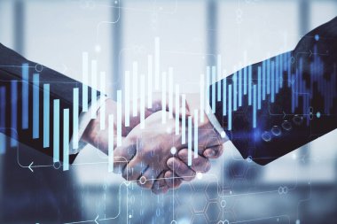 Forx grafik hologramı ve iki adamın el sıkışması. Borsa konsepti.