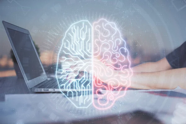 Multi exposure of woman hands working on computer and human brain hologram drawing. Ai tech concept. — Stock Photo, Image