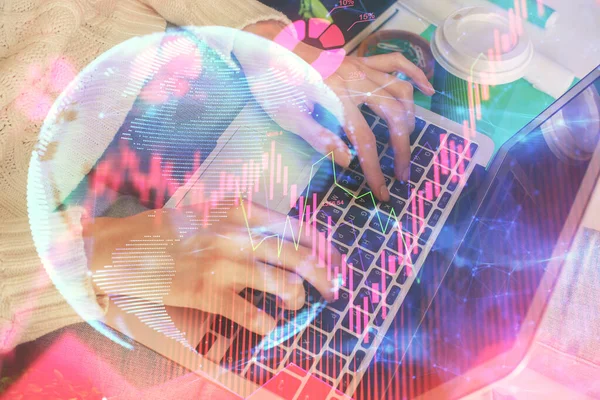 Double exposure of woman hands typing on computer and business theme hologram drawing. Success concept. — Stock Photo, Image
