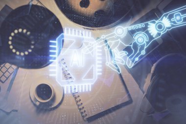 Kripto tema çiziminin çoklu pozu ve çalışma masası üst veiw. İş dünyasındaki engelleme teknolojisi kavramı.