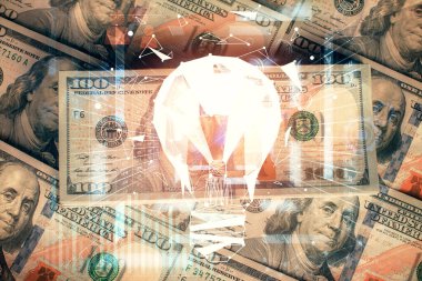 Arka planda Amerikan Doları 'na çekilen ampulün iki katı yansıması. Fikir kavramı.