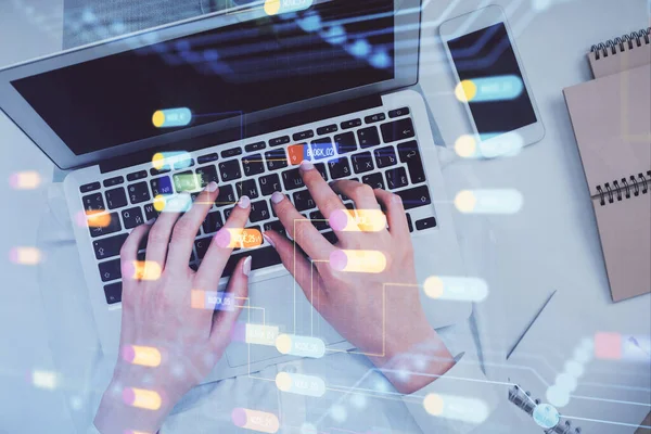 Double exposure of woman hands working on computer and data theme hologram drawing. Top View. Technology concept. — Stock Photo, Image