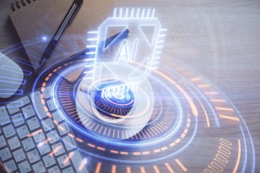 Bilgisayarlı çalışma masası arkaplanı üzerinden veri hologramına çifte maruz kalma. Ai kavramı. Üst görünüm.