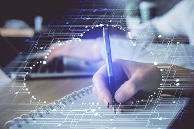 Veri temalı çizimin arka plan yazan insanların üzerine çifte pozlanması. Teknoloji kavramı