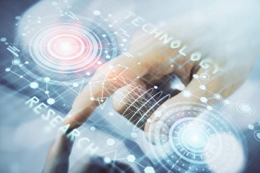 Erkeklerin el ele tutuşmaları ve dijital bir cihaz ve veri temalı çizimler kullanmaları. Yenilik kavramı.