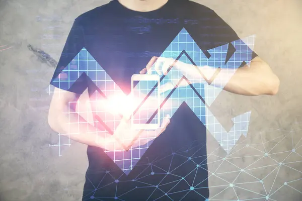 Double exposure of mans hands holding and using a digital device and arrows hologram drawing. Success concept. — Stock Photo, Image