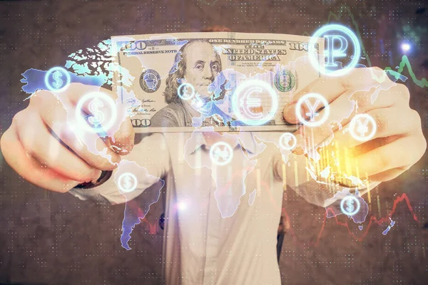 Wielokrotna ekspozycja wykresu forex rysunek hologramu i USA dolarów rachunków i rąk człowieka. Koncepcja analizy technicznej. — Zdjęcie stockowe