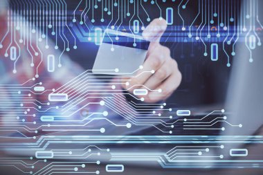 Elinde kredi kartı ve veri teması çizimi olan bir adamın ellerine iki kez maruz kalmış. E-ticaret ve teknoloji kavramı.