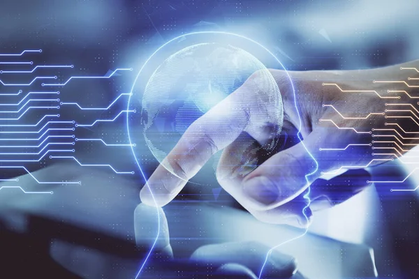 Double exposure of mans hand holding and using a digital device and brain hologram drawing. Data concept. — Stock Photo, Image