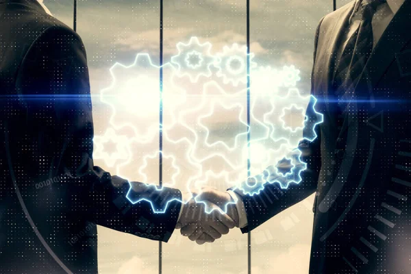Dubbel exponering av affärstema hologram och handslag av två män. Framgångsrikt koncept. — Stockfoto