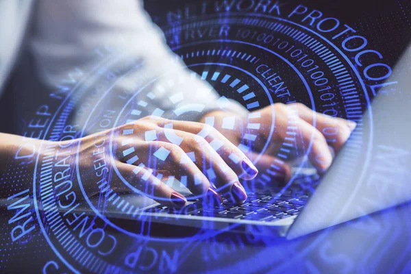 Multi exponering av kvinnliga händer som arbetar på dator och data tema hologram ritning. Tekniskt koncept. — Stockfoto