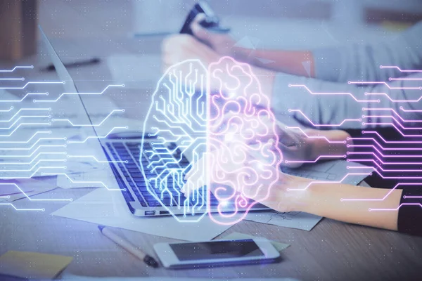 Multi exposure of woman hands working on computer and brain hologram drawing. Ai concept. — Stock Photo, Image