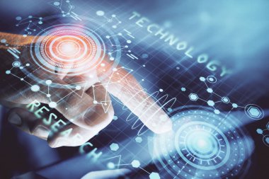 Erkeklerin el ele tutuşmaları ve dijital bir cihaz ve veri temalı çizimler kullanmaları. Yenilik kavramı.