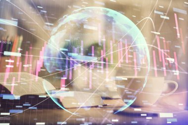 Önx grafik çizimi ve masaüstü ile kahve ve masa arkasındaki öğelerin çoklu pozlandırılması. Finansal piyasa ticareti kavramı