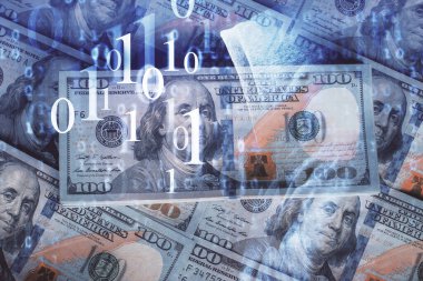İki kez veri temasına maruz kalınca dolar banknotları arka planda kalıyor. Teknoloji konsepti.