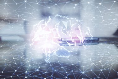 Kahve fincanı arkaplanından Ai veri beyninin iki kez görüntülenmesi.