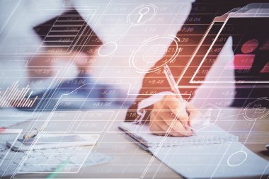 Veri temalı çizimin arka plan yazan insanların üzerine çifte pozlanması. Teknoloji kavramı