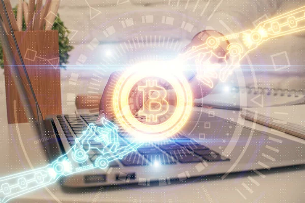 Bilgisayarda ve kripto piyasa temalı hologram çizimlerinde kadın elinin çifte pozu. Engelleme zinciri kavramı. — Stok fotoğraf