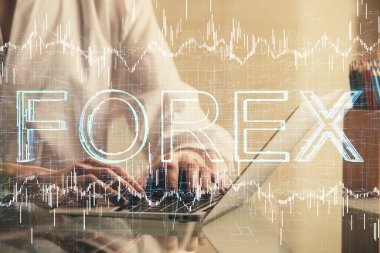 Bilgisayarda ve ön x grafik hologram çiziminde kadın eli yazarken çift pozlama. Borsa yatırım kavramı.