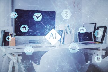 Veri teması çizimi ve ofis içi arka planına çifte maruz kalma. Teknoloji kavramı.