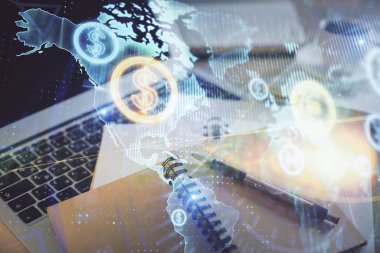 Finans şeması çizimine ve masaüstüne kahve ve masa arkasında eşyalar ile çifte pozlama. Önx piyasa ticareti kavramı