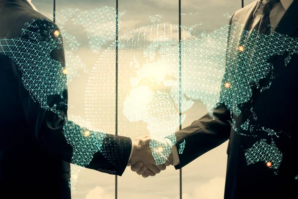 Double exposure of business theme hologram and handshake of two men. Success concept. — Stock Photo, Image