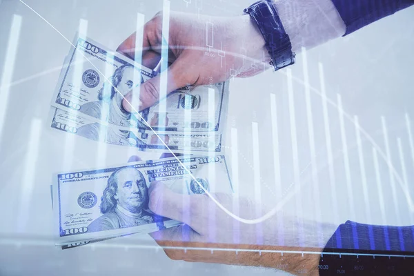 Multi blootstelling van de financiële grafiek tekenen hologram en Amerikaanse dollars rekeningen en man handen. Analyse concept. — Stockfoto