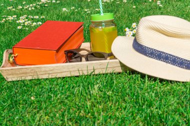 Bir kitap ve bir yeşil çim üzerinde güneş gözlüğü ile hasır şapka