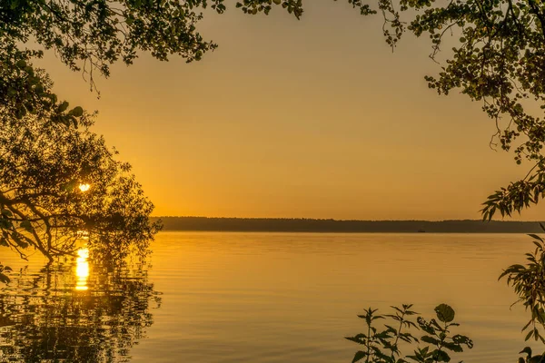 Salida del sol sobre un lago con hojas de árboles en primer plano — Foto de Stock