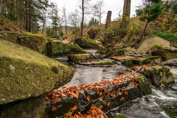 Cascada en un bosque otoñal como exposición temporal — Foto de Stock