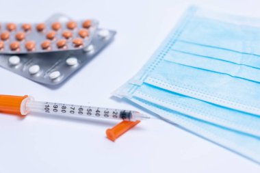 medicines, injection and face masks, pills. 2019-CoCo Coronavirus. New Coronavirus, Middle Eastern Respiratory Syndrome. Chinese coronavirus outbreak. Pandemic virus protection concept.