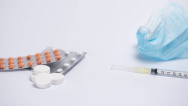 medicines, injection and face masks, pills. 2019-CoCo Coronavirus. New Coronavirus, Middle Eastern Respiratory Syndrome. Chinese coronavirus outbreak. Pandemic virus protection concept.