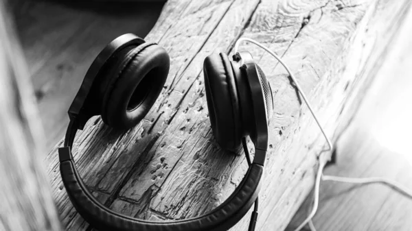 Big Black Headphones Music Lie Wooden Surface — Stock Photo, Image