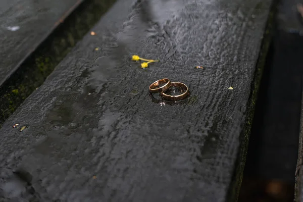 Arany Jegygyűrűk Egy Nedves Felületen Fekszenek Esőben — Stock Fotó